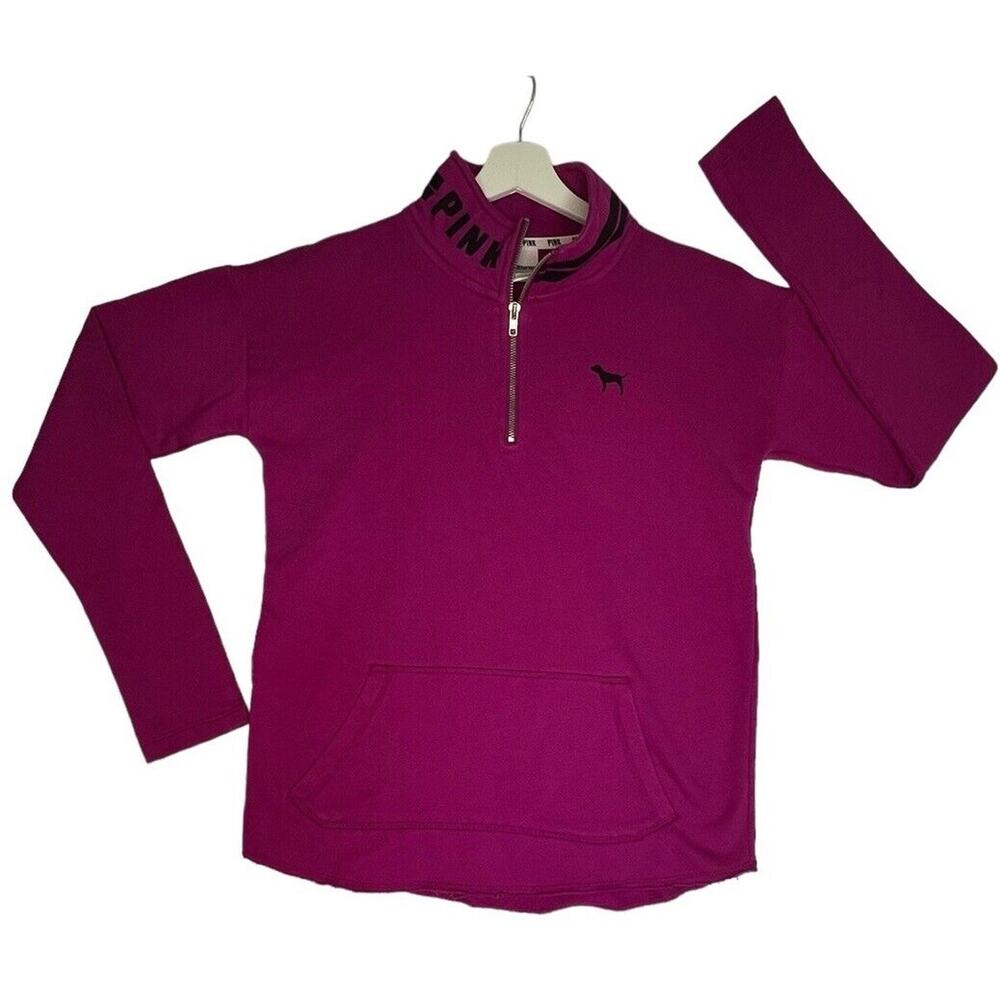 Pink Victoria's Secret Sweatshirt Women's S Purple Black Dog Logo Quarter Zip